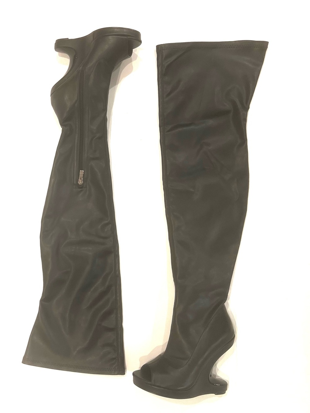 Pretty Little Thing Black Peep Toe Stretch Faux Leather Thigh High Wedge Boot 5